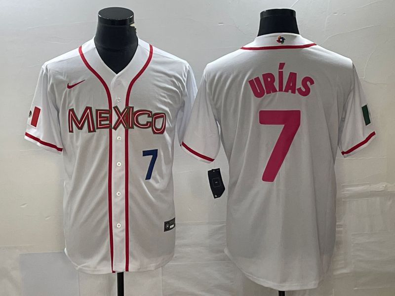 Men 2023 World Cub Mexico #7 Urias White pink Nike MLB Jersey2